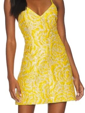 Alice + Olivia Yellow Jacquard V-Neck Mini Dress